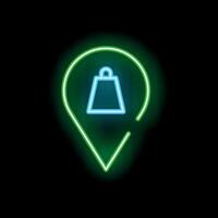 Neon location pin icon showing shopping bag symbol vector
