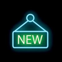 Neon sign saying new with hanging string on black background vector