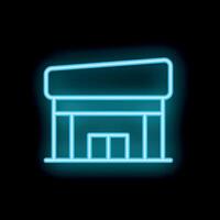 Glowing neon sign depicting a building with a canopy entrance on a black background vector