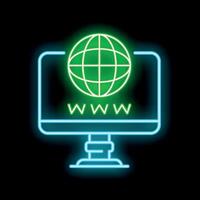 Neon green globe on computer screen with www text below vector