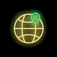Neon green location pin showing a location on a globe on a black background vector