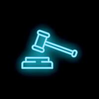 Neon gavel striking sound block icon on black background vector