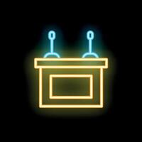 Neon podium with microphones shining in the dark background vector