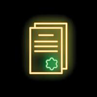 Neon icon of documents with star representing quality certificate vector