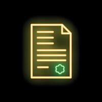 Neon icon of official document with signature and stamp glowing on black background vector