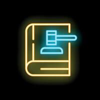 Neon icon of law book with judge gavel striking sound block vector