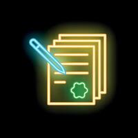 Neon icon of pen signing official documents with signature vector