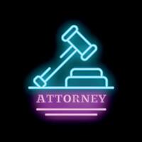 Neon attorney sign with gavel striking sound block icon on black background vector