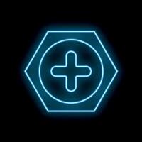 Glowing neon hex nut with plus sign on a black background vector