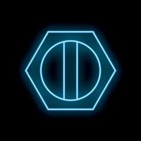 Neon blue hexagon with circle and three vertical lines on black background vector