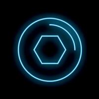 Blue neon hexagon glowing inside a circle on black background vector