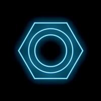 Blue neon hexagon nut shape glowing in the dark vector