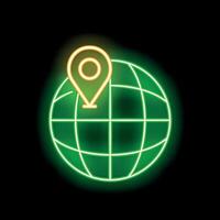 Neon green world globe with glowing location pin showing global destination vector