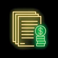 Neon icon of documents with dollar coins representing financial reports vector