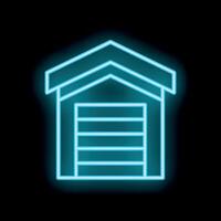 Glowing neon icon of warehouse building with closed gate on a brick wall background vector