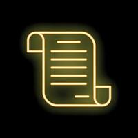 Neon yellow paper scroll icon glowing on black background vector