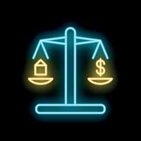 Glowing neon line scale is comparing house and dollar symbol on black background vector