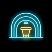 Neon icon of mine entrance with bucket full of coal illuminating the tunnel vector