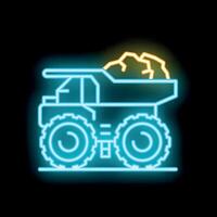 Glowing neon line icon of a mining dump truck carrying coal or ore vector