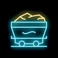 Neon mining cart carrying coal on rails icon vector