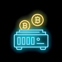 Neon bitcoin mining rig generating cryptocurrency illustration vector