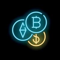 Neon sign showing bitcoin ethereum and dollar currency symbols vector