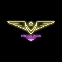 Neon sign featuring a pair of wings surrounding a star on black background vector