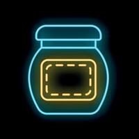 Glowing neon sign depicting glass jar with blank label on black background vector