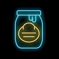 Neon icon of glass jar with honey and label on black background vector