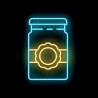 Neon icon of a jar with a warranty seal glowing on black background vector