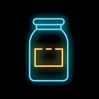 Glowing neon line closed jar with label icon isolated on black background for logo, banner, signboard vector