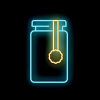 Neon icon of glass jar with tag hanging on string displaying price or information vector