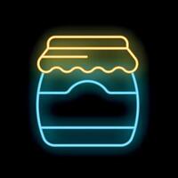Neon sign of a jar with lid glowing on a dark background vector