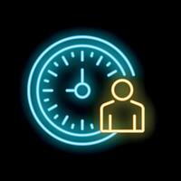 Neon style businessman standing next to clock icon on black background vector