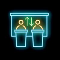 Politicians debating behind podiums with arrows neon sign icon on black background vector