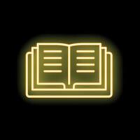 Open book with yellow neon light glowing on black background vector