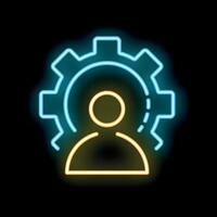 Neon icon of person inside cogwheel representing human resource management vector