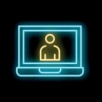 Neon laptop showing online user profile icon on black background vector