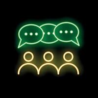 Neon icon of three people having a conversation with speech bubbles vector