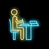 Neon style icon of person working or studying at desk vector