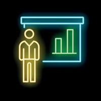 Businessman giving presentation using flip chart with growing bar graph in neon light style vector