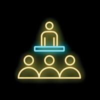 Neon icon of a public speaker standing behind a podium giving a speech to a group of people vector