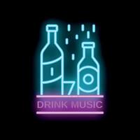 Neon sign showing bottles and glasses for bar with drink music writing vector