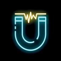 Neon icon of a magnet generating a magnetic field vector
