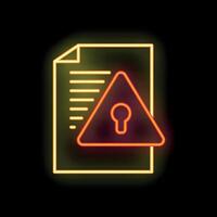 Neon icon of document with keyhole warning sign representing data encryption vector