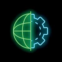 Neon icon of globe divided with gear representing global business and technology vector