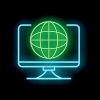 Neon icon of computer screen displaying a green globe for global connectivity vector