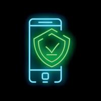 Neon icon of mobile phone showing valid protection status vector