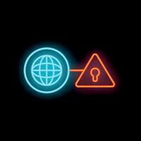 Neon icon of global network security warning with lock symbol vector