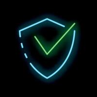 Neon shield showing check mark symbolising security and safety vector